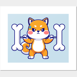 Cute Shiba Inu Lifting Bone Barbell Cartoon Posters and Art